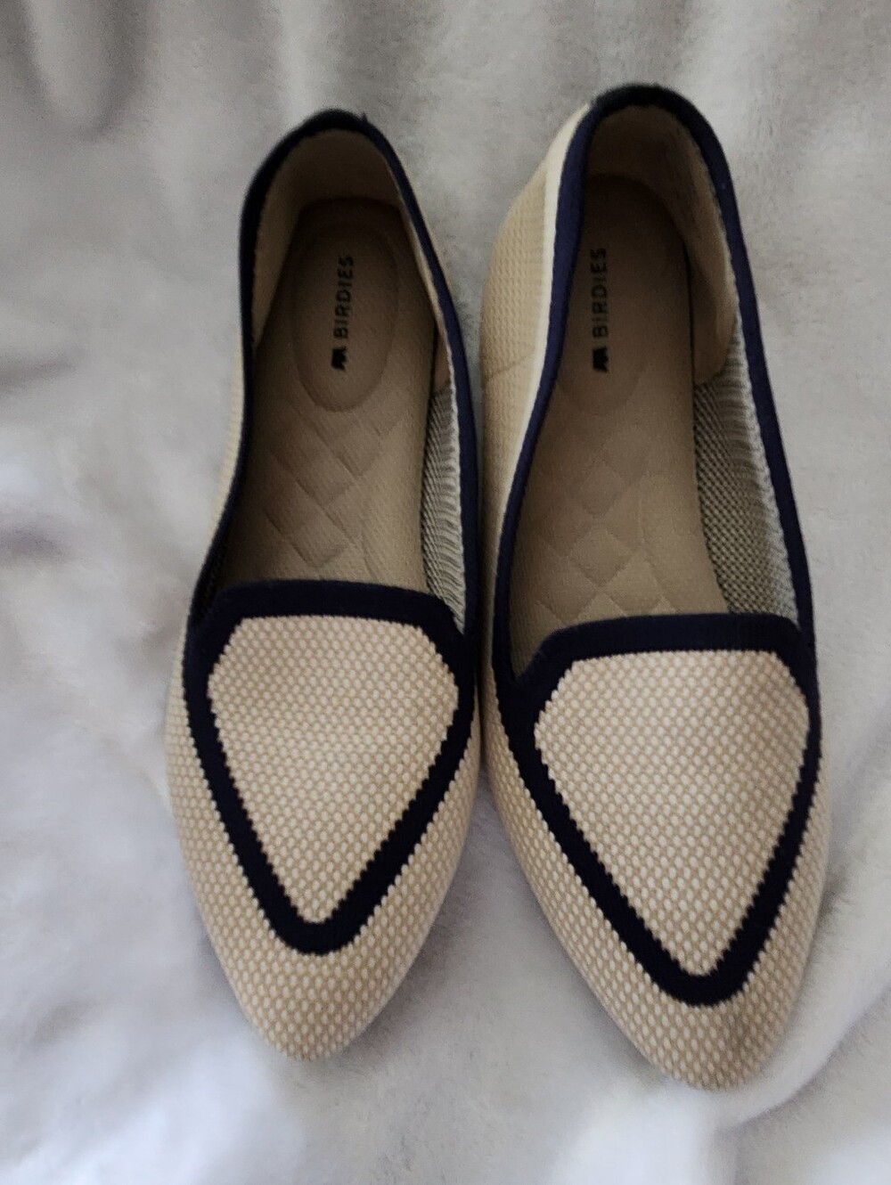 Birdies Cream and Navy Pointed Knit Loafers